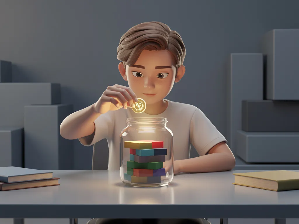 Student deponeert een gloeiend token in een glazen pot met gekleurde blokken aan een moderne bureau, symboliserend kennisbijdragen in MBO/HBO-onderwijs.