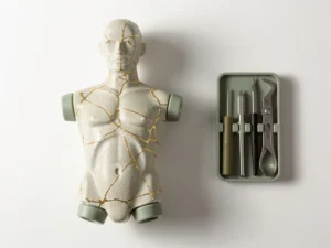 Keramische trainingspop in herstel met gouden kintsugi-lijnen langs haarscheuren, minimalistische flatlay met klein gereedschapset.