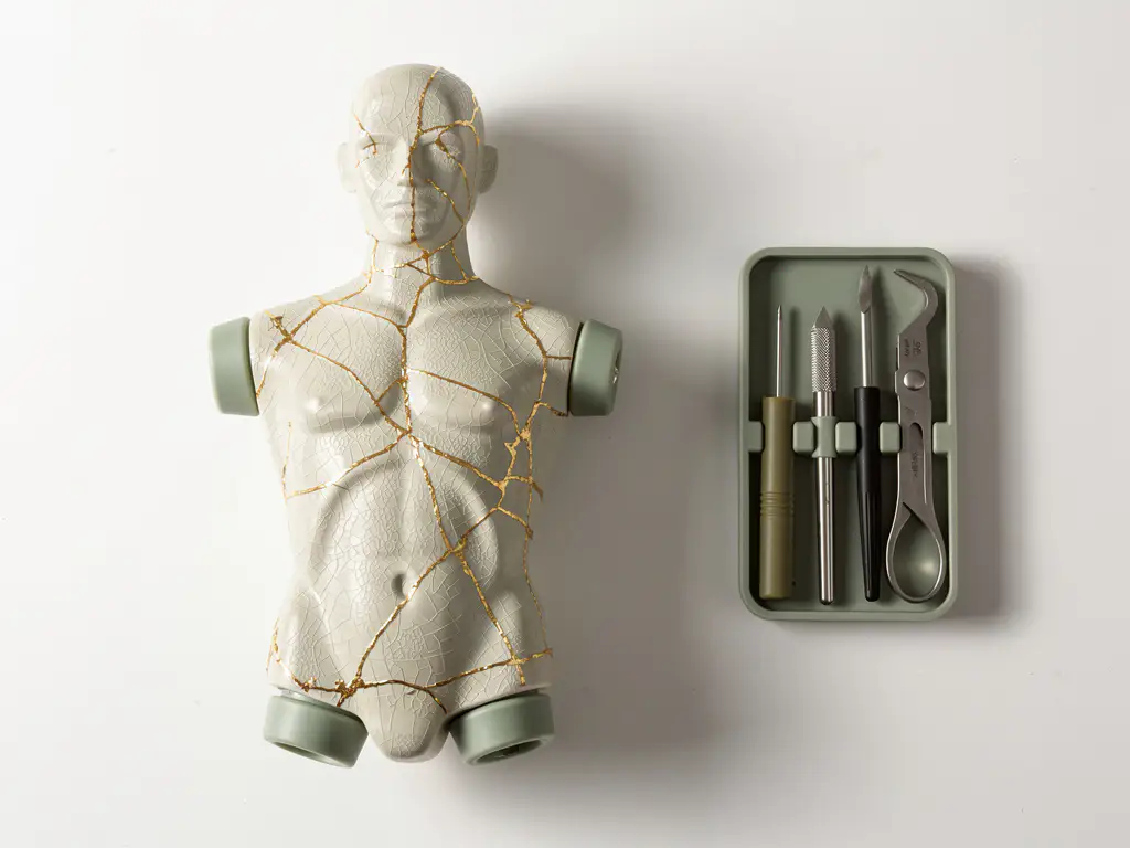 Keramische trainingspop in herstel met gouden kintsugi-lijnen langs haarscheuren, minimalistische flatlay met klein gereedschapset.