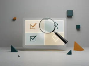 Vergrootglas boven minimalistisch digitaal scherm op bureau, geometrische accenten in teal en amber op neutrale achtergrond.