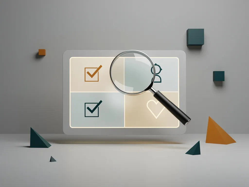 Vergrootglas boven minimalistisch digitaal scherm op bureau, geometrische accenten in teal en amber op neutrale achtergrond.