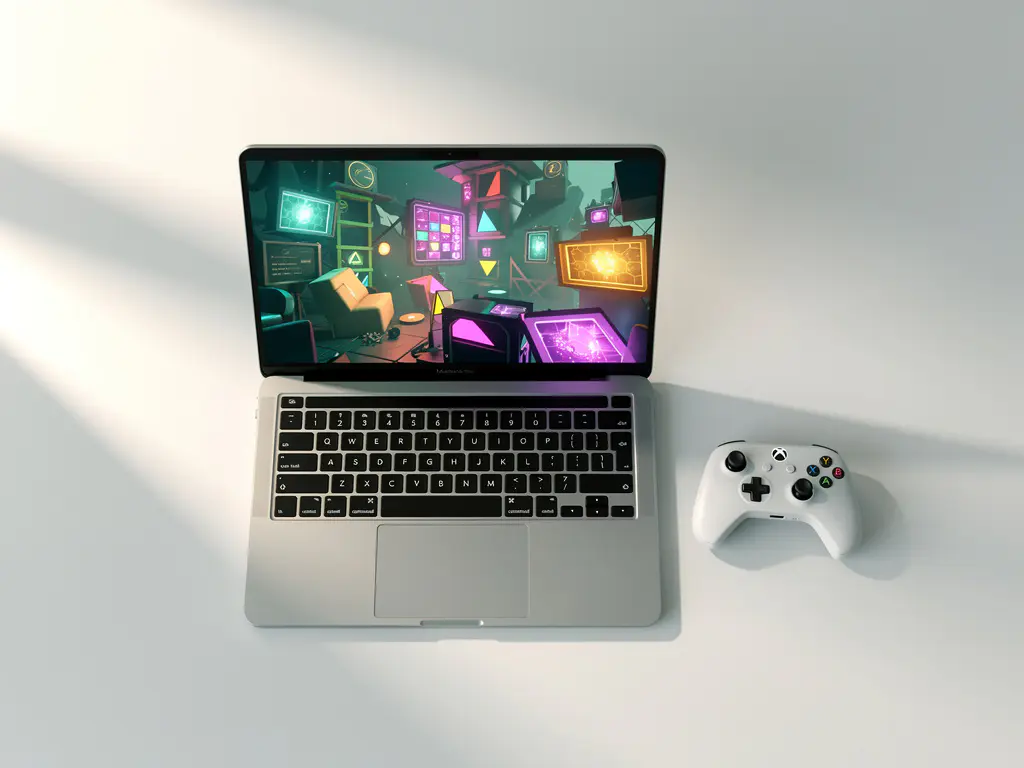 Laptop op wit bureau met kleurrijk game-interface op scherm en kleine controller ernaast, geometrische schaduwen in teal en amber tinten.