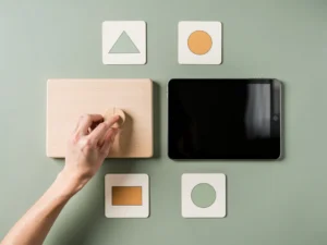 Leraarhand die een speelstuk plaatst op een houten bord naast een tablet, omringd door geometrische leerkaarten in salie- en amberkleurige tinten.