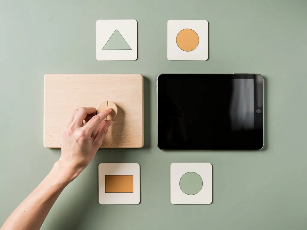 Leraarhand die een speelstuk plaatst op een houten bord naast een tablet, omringd door geometrische leerkaarten in salie- en amberkleurige tinten.