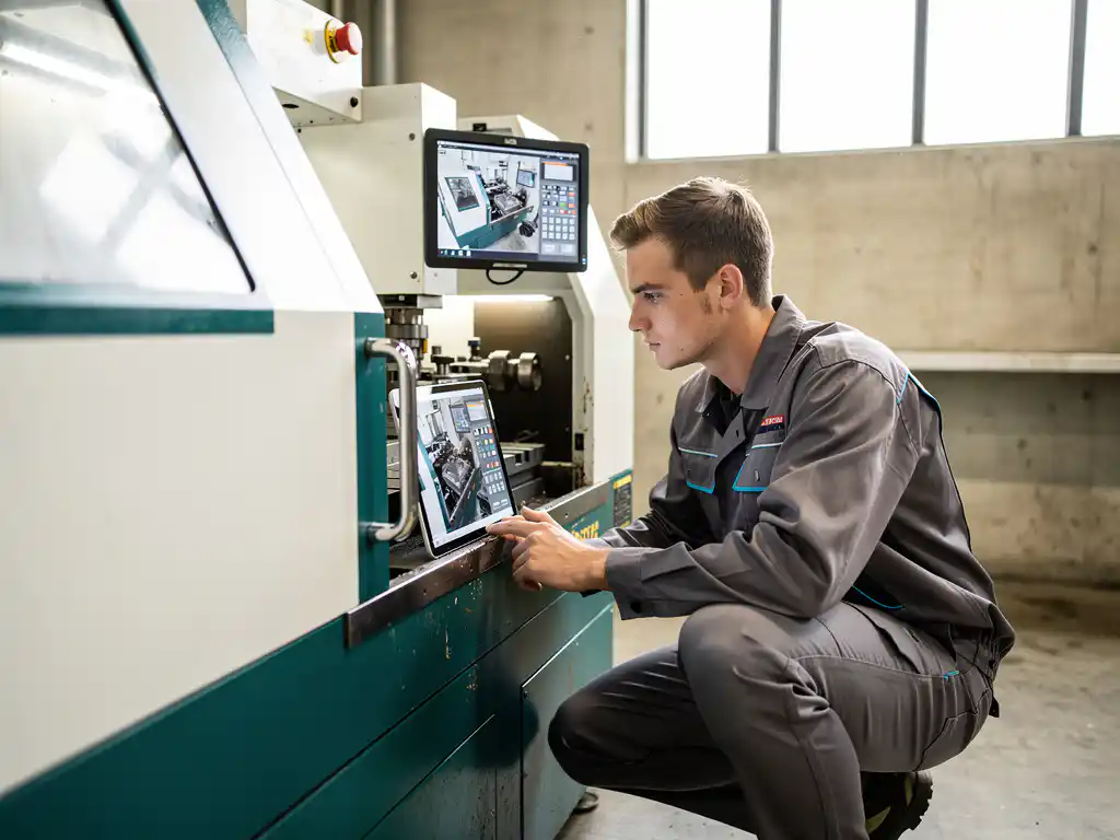 Vakstudent in werkkleding naast industriële machine met tablet waarop digitale simulatie van hetzelfde apparaat zichtbaar is.
