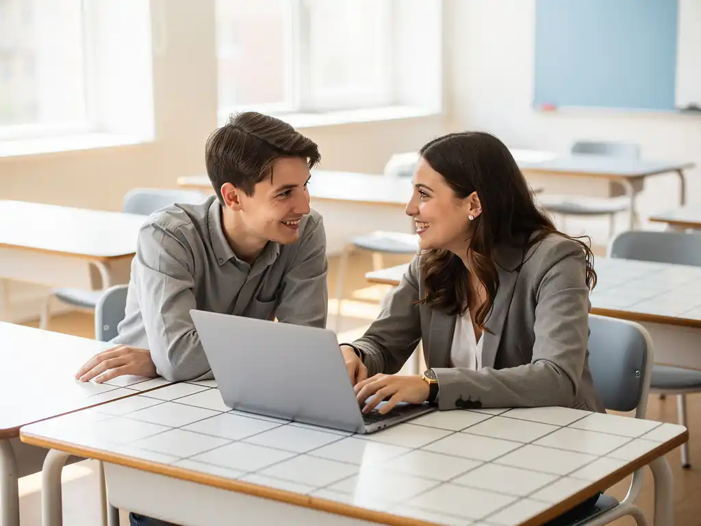 Student en leraar maken oogcontact via laptopscherm in lichte moderne klas met geometrische tafels en warm natuurlijk daglicht.