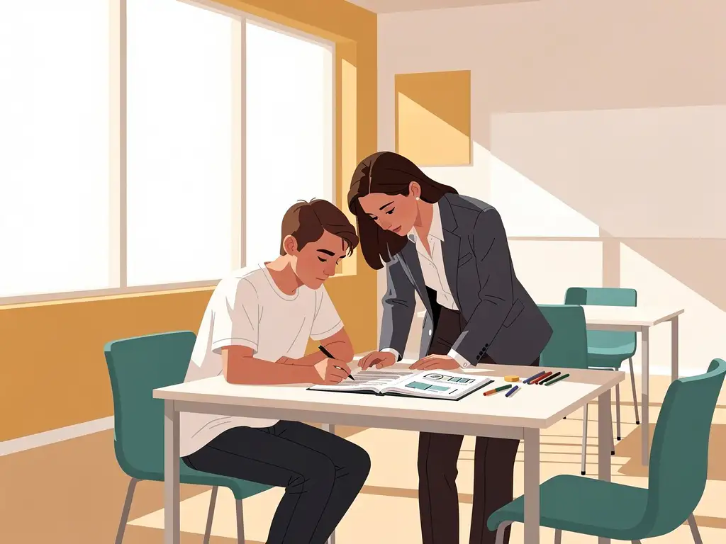 Student en zakelijke professional bekijken samen een projectbriefing op een bureau in een modern beroepsonderwijs klaslokaal.