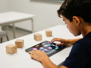 Student leunt over wit bureau en speelt educatief spelletje op tablet, houten geometrische blokken liggen ernaast.