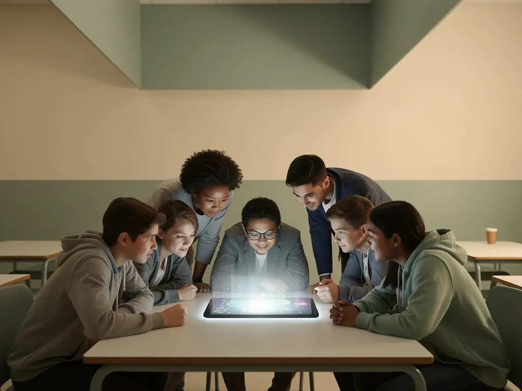 Diverse leerlingen spelen samen een educatief digitaal spel op een gedeeld scherm in een rustig, minimalistisch klaslokaal.