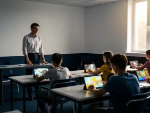 Leraar observeert leerlingen die educatieve games spelen op tablets in een rustig, modern klaslokaal met marineblauw en amber tinten.