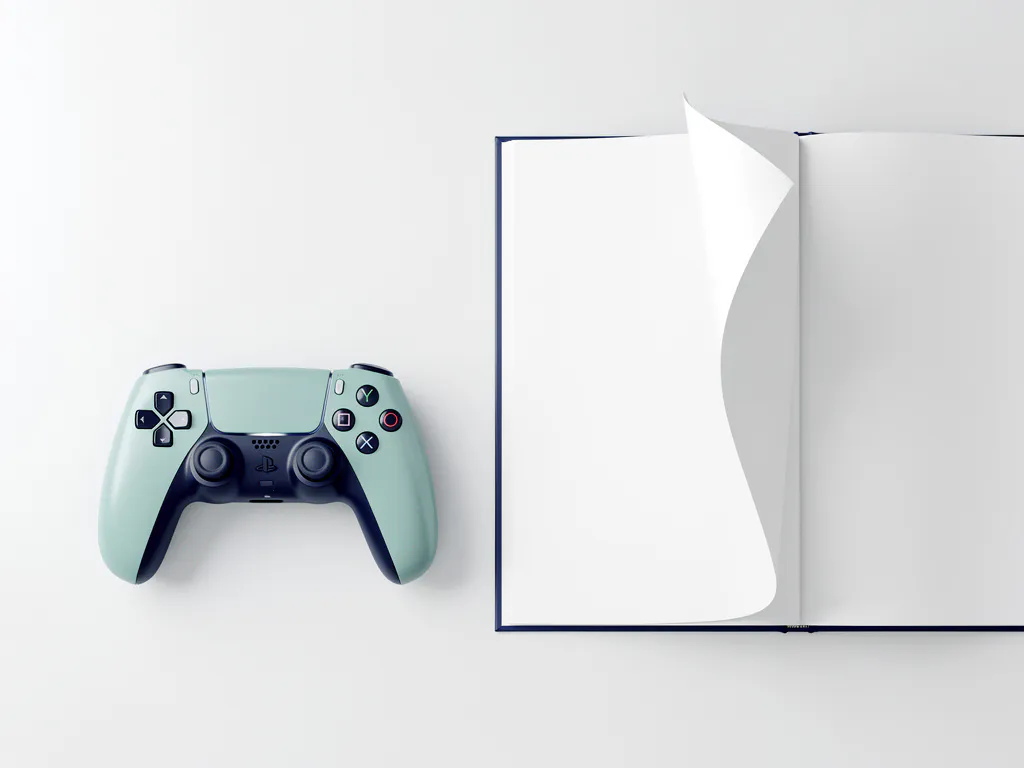 Spelcontroller en opengeslagen studieboek op wit bureau, mintgroen en marineblauw kleurenpalet, bovenaanzicht.