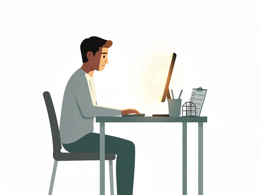 Geconcentreerde leerling aan minimalistisch bureau met gloeiend scherm en geometrische checklist, rustige teal en amber tinten.