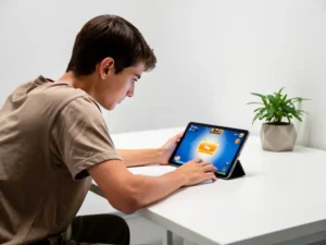 MBO-student leunt geconcentreerd over tablet met game-interface in minimalistisch wit klaslokaal.