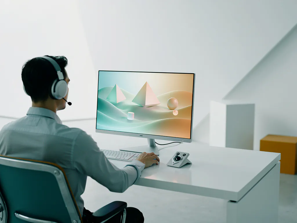 Medewerker met headset aan bureau, geconcentreerd op VR-simulatie op monitor, geometrische controller naast toetsenbord, rustige teal en amber tinten.