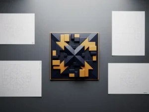 Geometrisch bordspelprototype met modulaire puzzelstukken op een tekentafel, omgeven door ontwerpschetsen in marineblauw en amber.