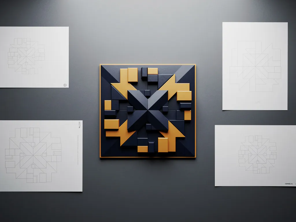 Geometrisch bordspelprototype met modulaire puzzelstukken op een tekentafel, omgeven door ontwerpschetsen in marineblauw en amber.