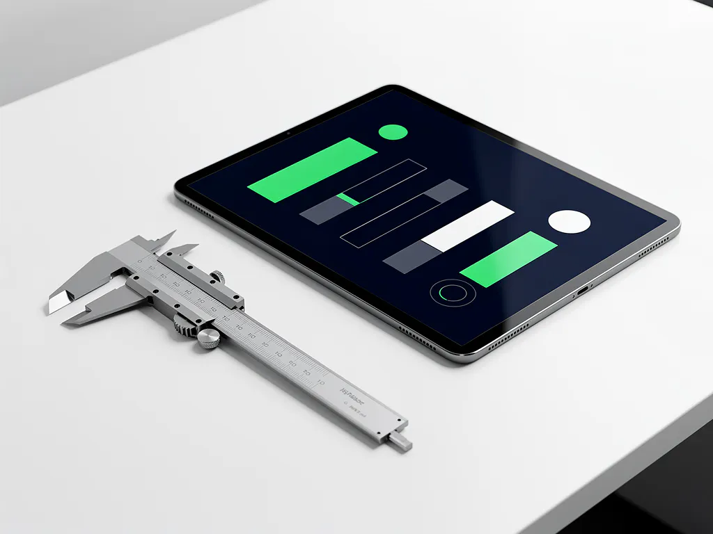 Nauwkeurig meetinstrument naast tablet met groene voortgangsbalken op wit bureau, strak geometrisch minimalisme in marineblauw en wit.