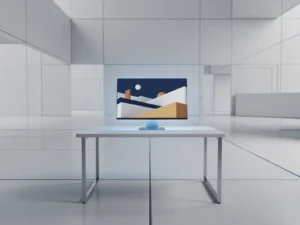 Nieuwe medewerker aan een strak bureau met monitor in een geometrische digitale simulatieomgeving, zachte blauw-amberverlichting.