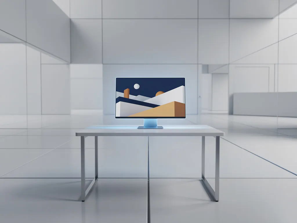 Nieuwe medewerker aan een strak bureau met monitor in een geometrische digitale simulatieomgeving, zachte blauw-amberverlichting.