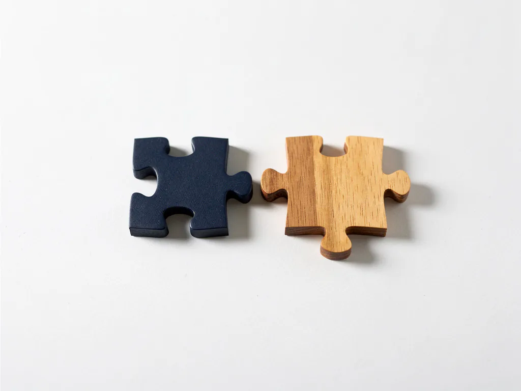 Standaard puzzelstuk naast handgesneden houten stuk op wit oppervlak, perfect passend bij een unieke vorm, minimalistische compositie.