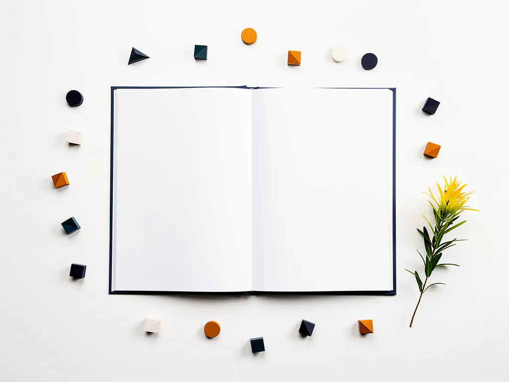 Open portfolio op wit bureau met geometrische speelstukken, gekleurde tokens en een plantentakje in marine, amber en wit.