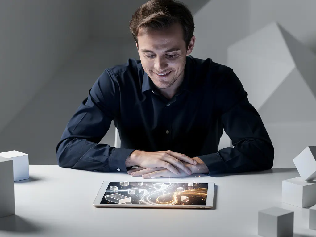 Professional leant over minimalistisch wit bureau, geconcentreerd op tablet met gloeiende simulatie-interface, in marineblauw en amber kleurenpalet.