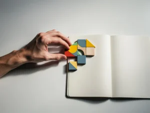 Studentenhand die kleurrijke houten puzzelstukjes op wit bureau in elkaar past, met opengeslagen notitieboek op de achtergrond.