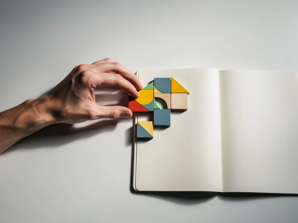 Studentenhand die kleurrijke houten puzzelstukjes op wit bureau in elkaar past, met opengeslagen notitieboek op de achtergrond.