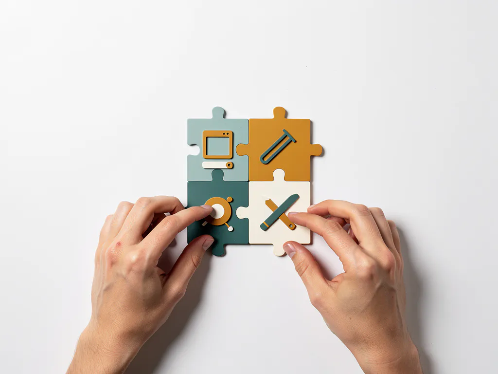 Studentenhanden assembleren kleurrijke modulaire puzzelstukken op wit bureau, elk stuk symboliseert een digitaal hulpmiddel.