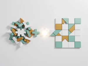 Kleurrijke geometrische puzzelstukken die van een verwarde knoop uitwaaieren naar een geordend raster, met een gloeiend tegelstuk op een wit oppervlak.