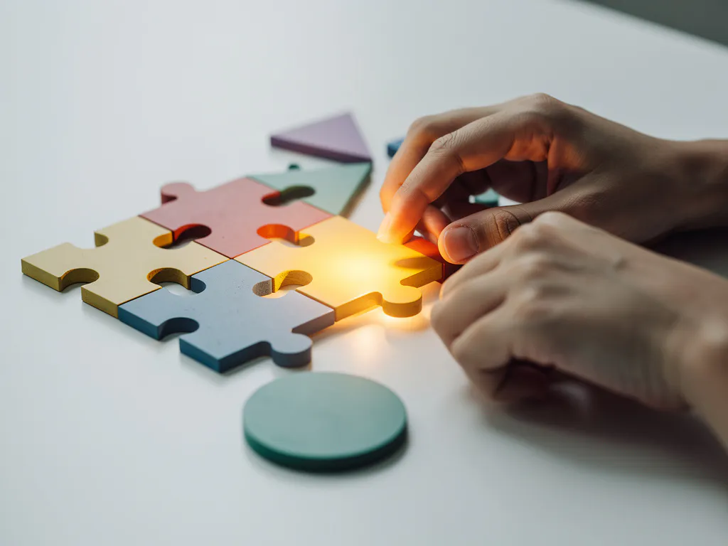 Handen van een student die kleurrijke geometrische puzzelstukken samenstellen op een wit bureau, elk stuk symboliseert een andere leerstijl.