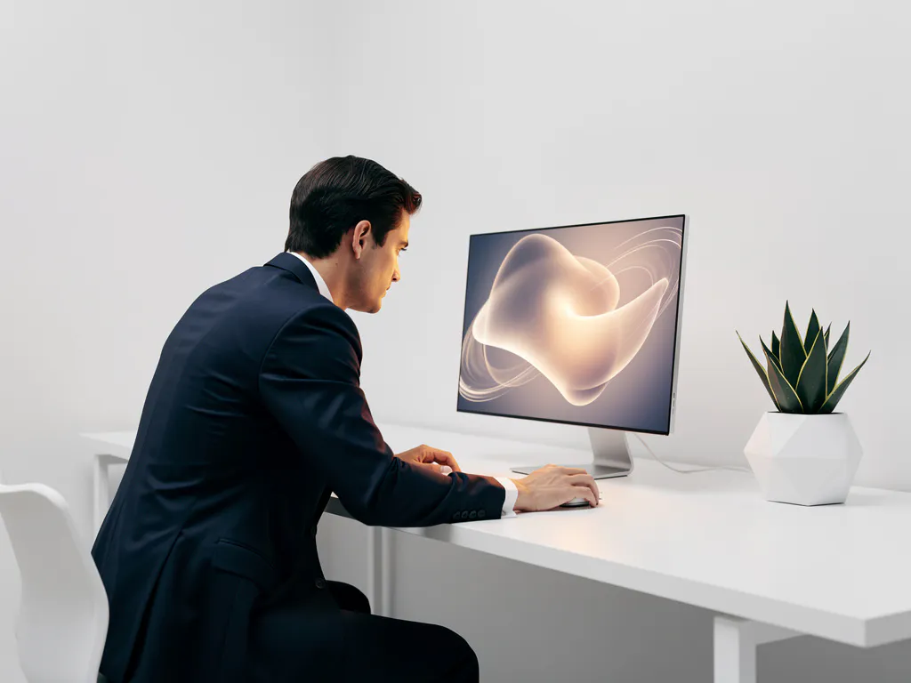 Professional in zakelijk pak leunt over minimalistisch wit bureau naar monitor met gloeiende simulatie, in rustige marineblauwe kamer.