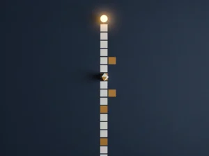 Minimalistisch spelbord met geometrische vakjes in marineblauw en amber, met een speelstuk op weg naar een gloeiend eindpunt.