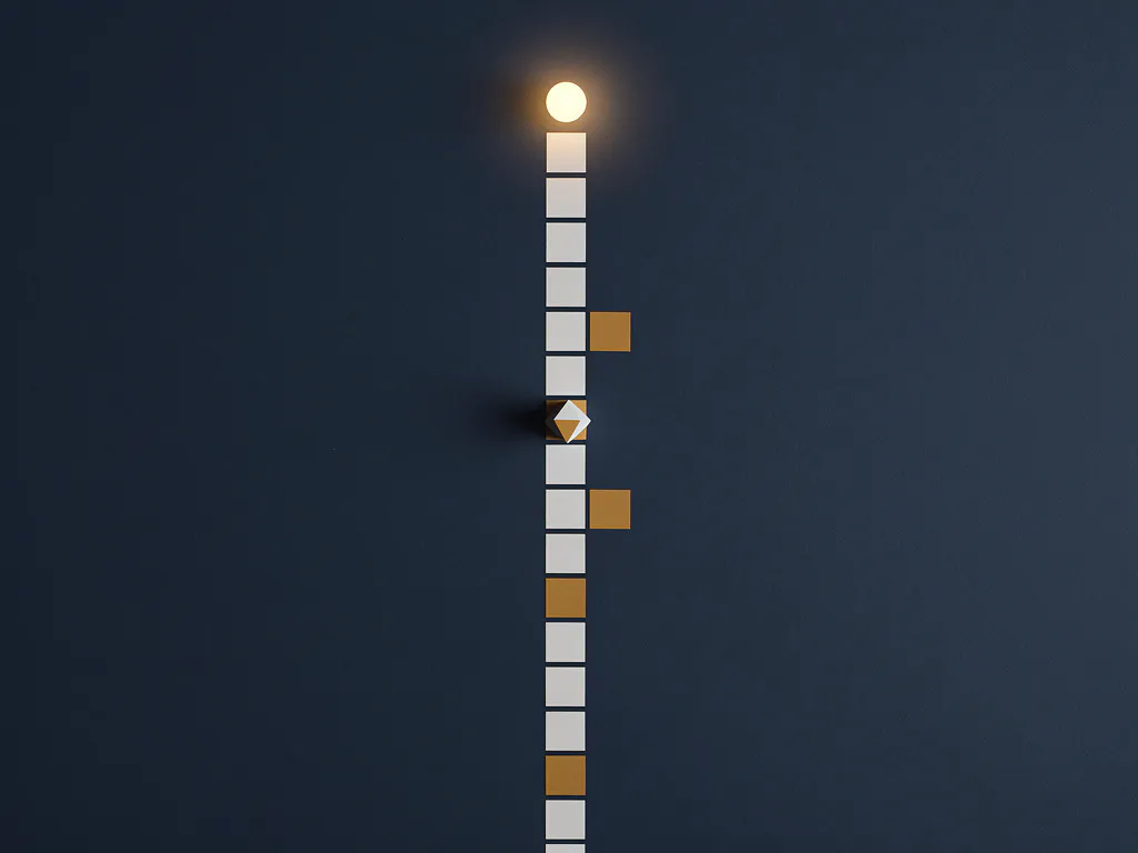 Minimalistisch spelbord met geometrische vakjes in marineblauw en amber, met een speelstuk op weg naar een gloeiend eindpunt.