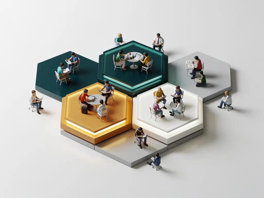 Hexagonaal speelbord met drie verweven gekleurde zones in blauwgroen en amber, omringd door miniatuur studentfiguren in actie.