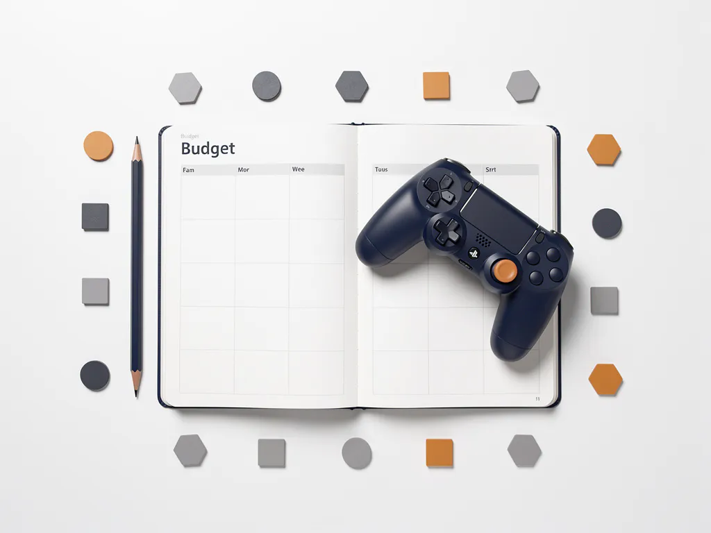 Game controller op een open budgetplanner met geometrische tokens en een potlood op een wit bureau, bovenaanzicht.