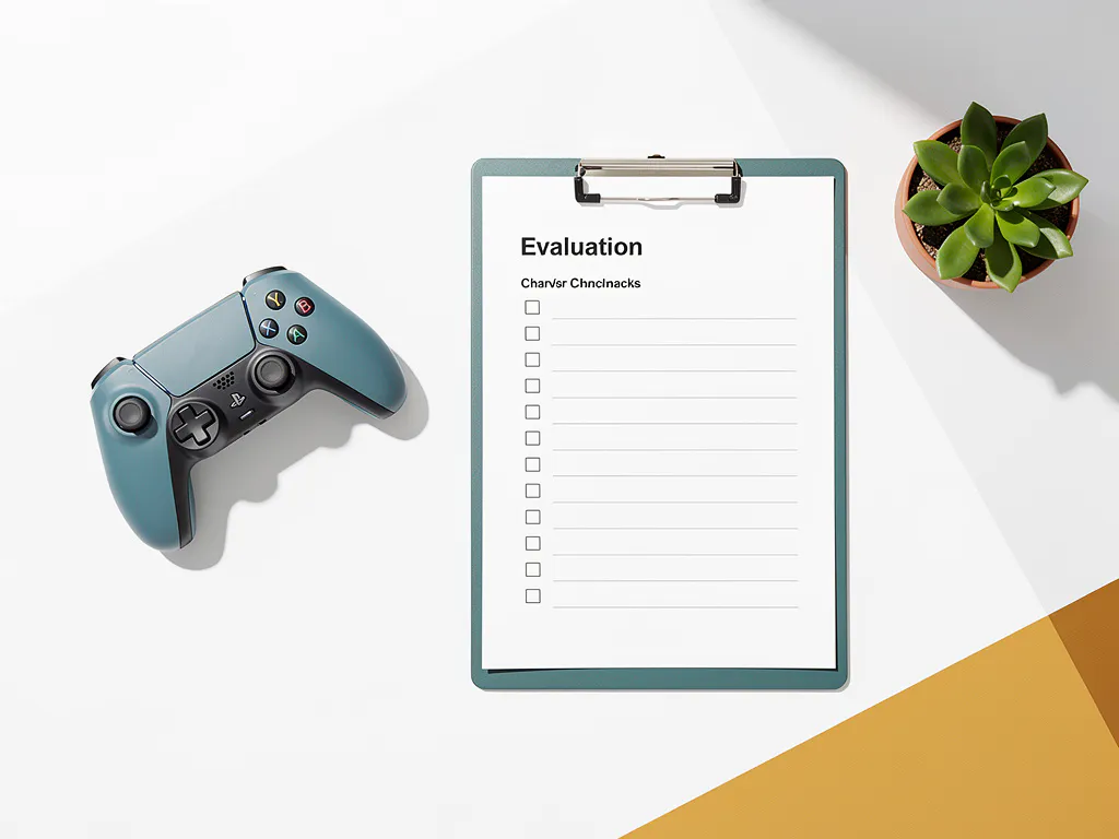 Spelcontroller naast een klembord met evaluatielijst op wit bureau, met vetplantje, geometrische schaduwen in teal en amber tinten.