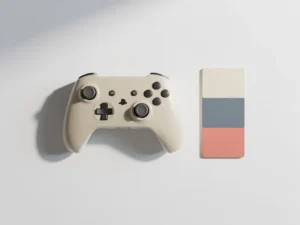 Gamecontroller op wit bureau naast drie geometrische kaarten in leisteenblauw, zacht koraal en ivoor die verschillende doelgroeptypes vertegenwoordigen.