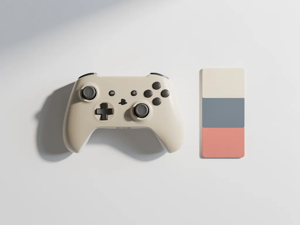 Gamecontroller op wit bureau naast drie geometrische kaarten in leisteenblauw, zacht koraal en ivoor die verschillende doelgroeptypes vertegenwoordigen.