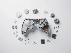 Halfgebouwde gamecontroller op wit bureau met verspreide losse componenten en een ontbrekend onderdeel, bovenaanzicht.