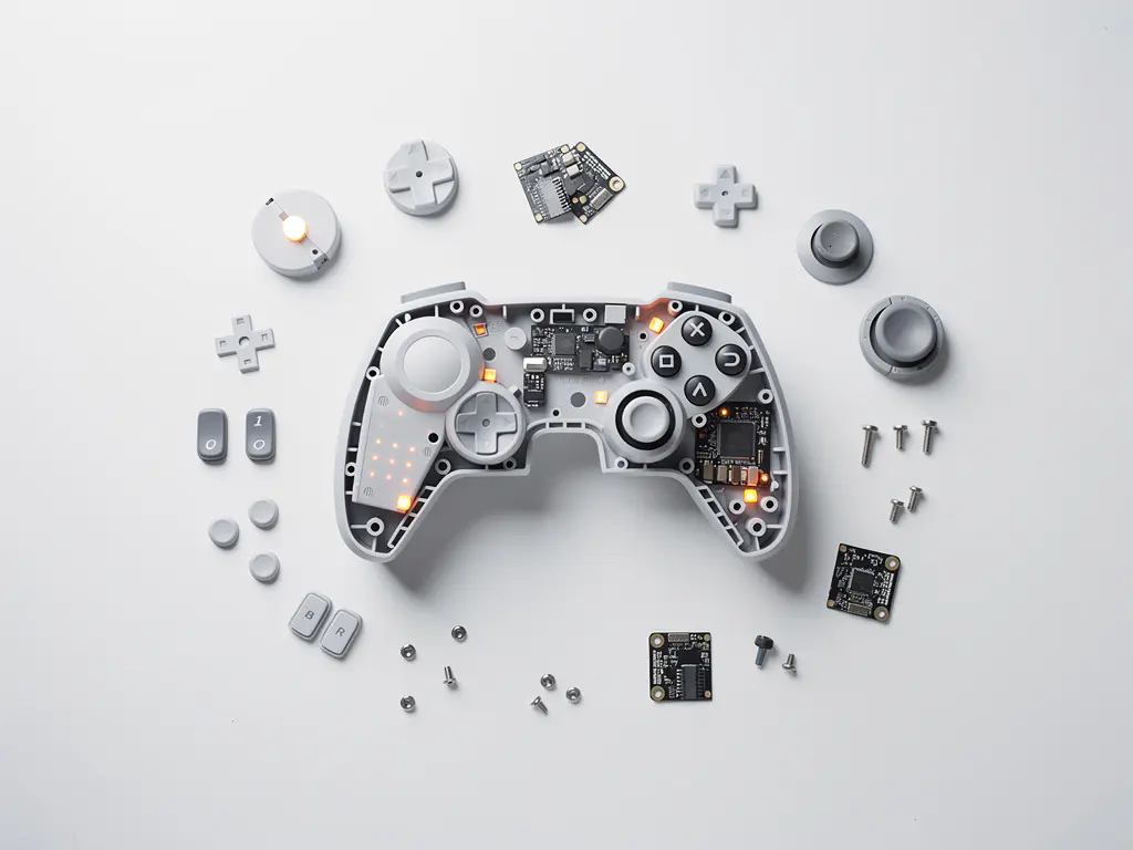 Halfgebouwde gamecontroller op wit bureau met verspreide losse componenten en een ontbrekend onderdeel, bovenaanzicht.