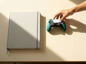 Leraarhand plaatst gamecontroller naast curriculum-ringband op klaslokaalbureau in zacht ochtendlicht.