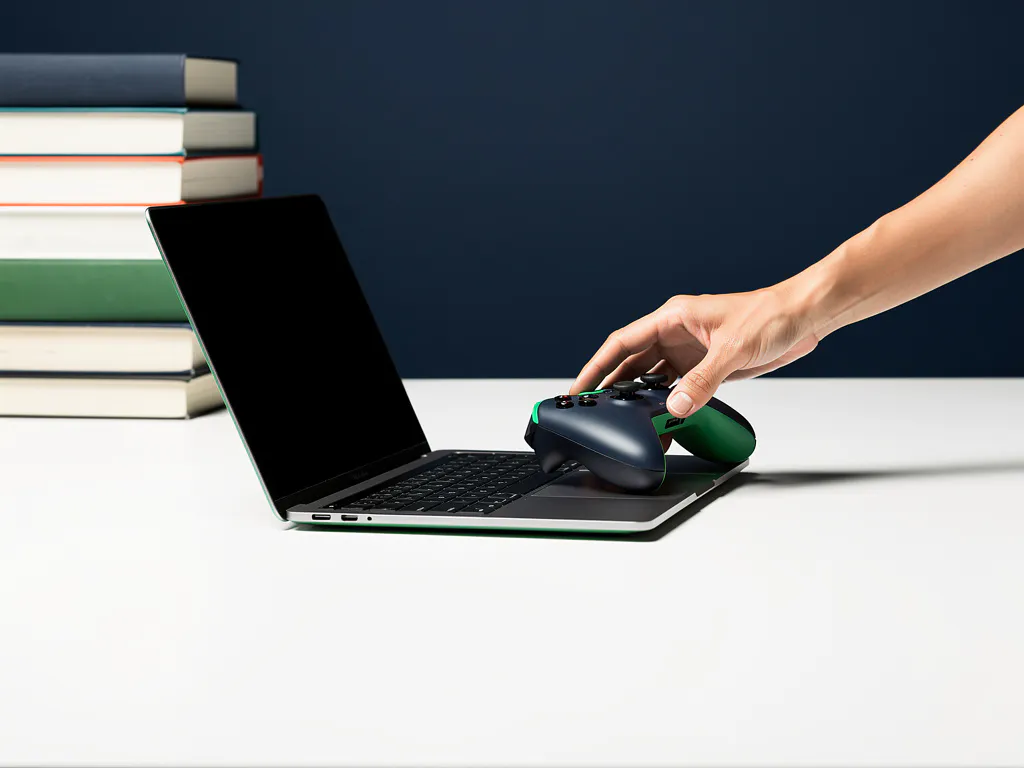 Leraarhand plaatst gamecontroller naast open laptop op klaslokaalbureau, met gestapelde studieboeken op de achtergrond.
