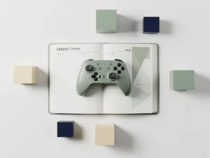 Game-controller op een open lesplanner met geometrische vormen in salie groen, ivoor en marineblauw, minimalistisch bovenaanzicht.