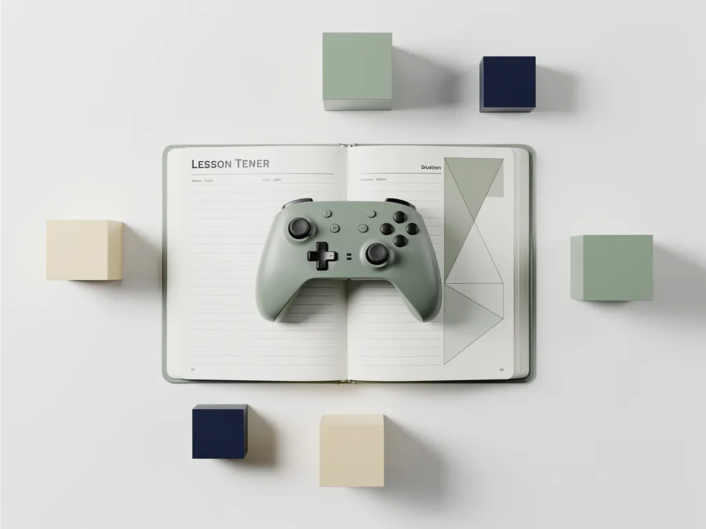 Game-controller op een open lesplanner met geometrische vormen in salie groen, ivoor en marineblauw, minimalistisch bovenaanzicht.