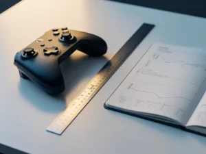 Game-controller op wit bureau naast een liniaal en open logboek, symbool voor onbenut potentieel en structuur.