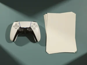 Gamecontroller en officiële financieringsdocumenten op een blauwgroen bureau, bovenaanzicht met zachte geometrische schaduwen.