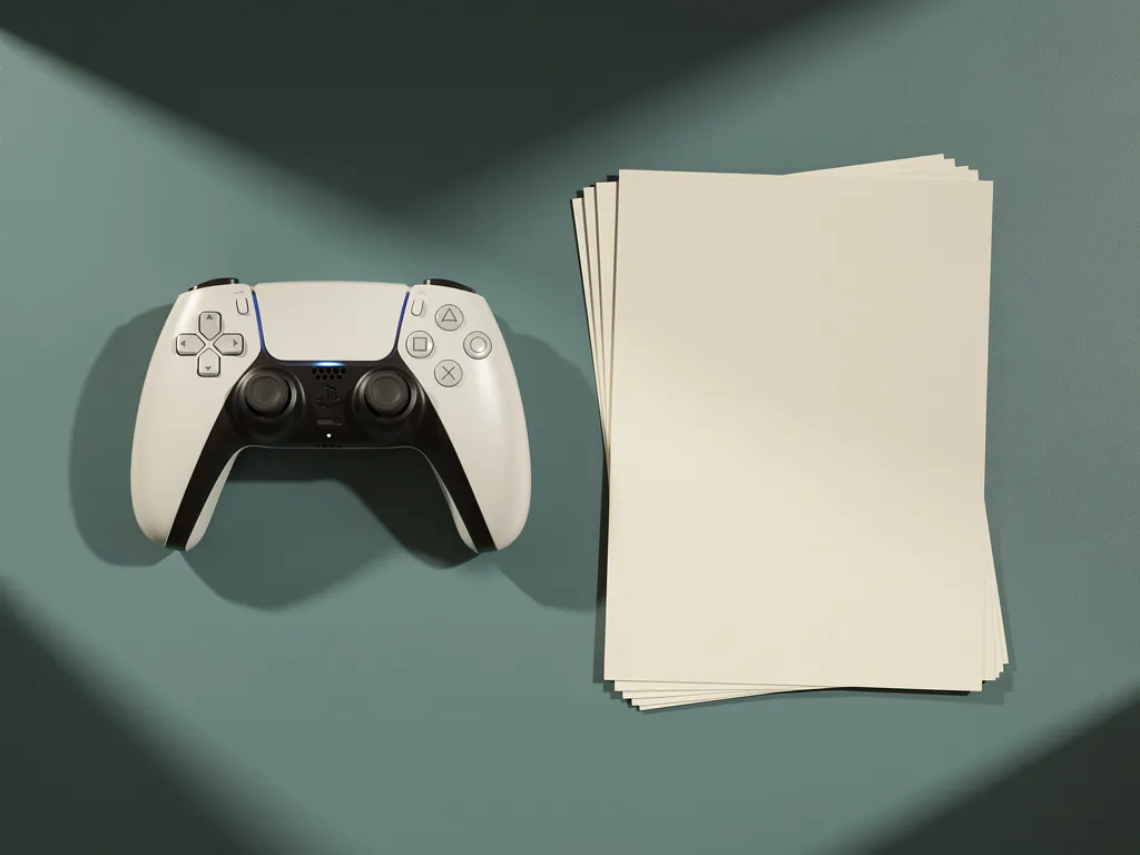 Gamecontroller en officiële financieringsdocumenten op een blauwgroen bureau, bovenaanzicht met zachte geometrische schaduwen.