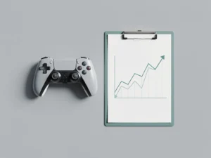 Game-controller naast klembord met voortgangsgrafiek op grijs oppervlak, minimalistische bovenaanzicht compositie in tinten grijs en blauwgroen.