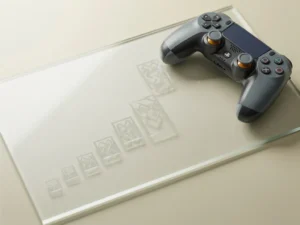 Gamecontroller naast een voortgangsdiagram op matglas met oplopende scoremarkeringen in leisteenblauw en amber tinten.